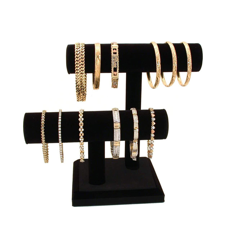 67027 9" Black Velvet Two Tiers T-Bar Bracelet Bangle Jewelry